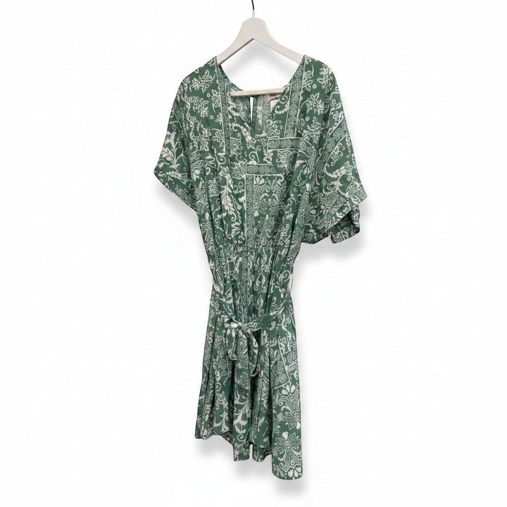 Chic Collective sage green boho surplice romper with white paisley print, short sleeves, tie waist, and pockets. Relaxed fit.
