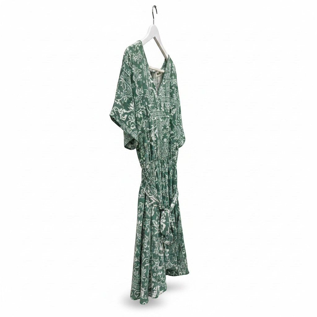 Chic Collective sage green boho surplice romper with white paisley print, V-neck, short sleeves, elasticated waist, and tie belt.