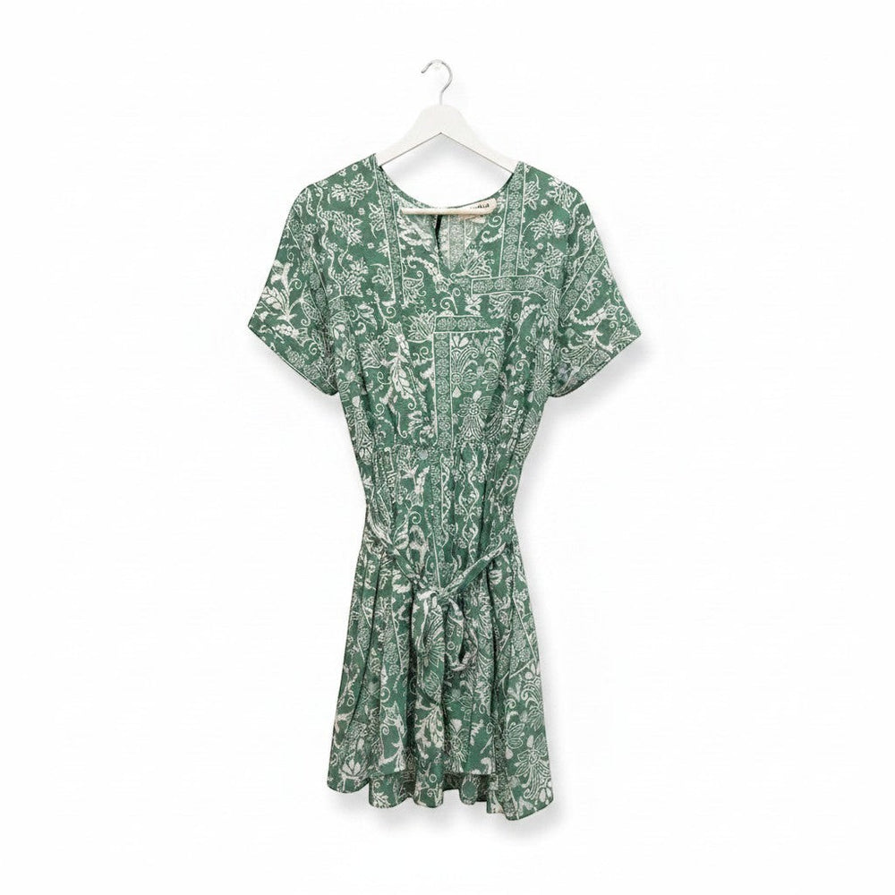 Chic Collective sage green boho surplice romper with white paisley print, short sleeves, tie waist, and pockets.