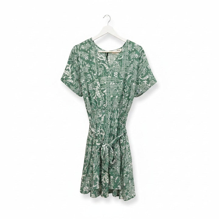 Chic Collective sage green boho surplice romper with white paisley print, short sleeves, tie waist, and pockets.