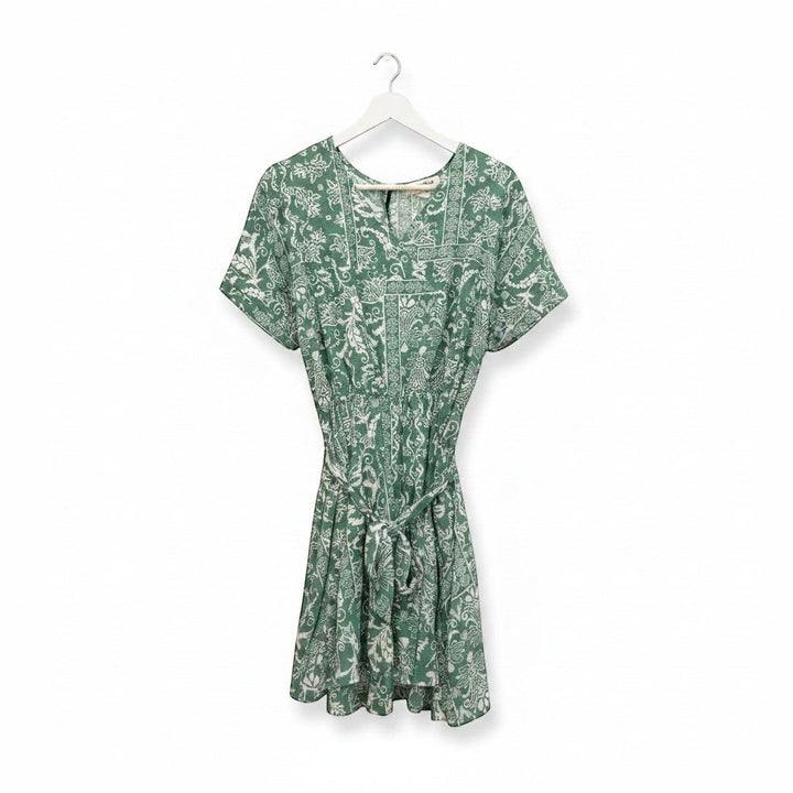 Chic Collective sage green boho romper with white paisley print, V-neck, short sleeves, tie waist, and pockets.