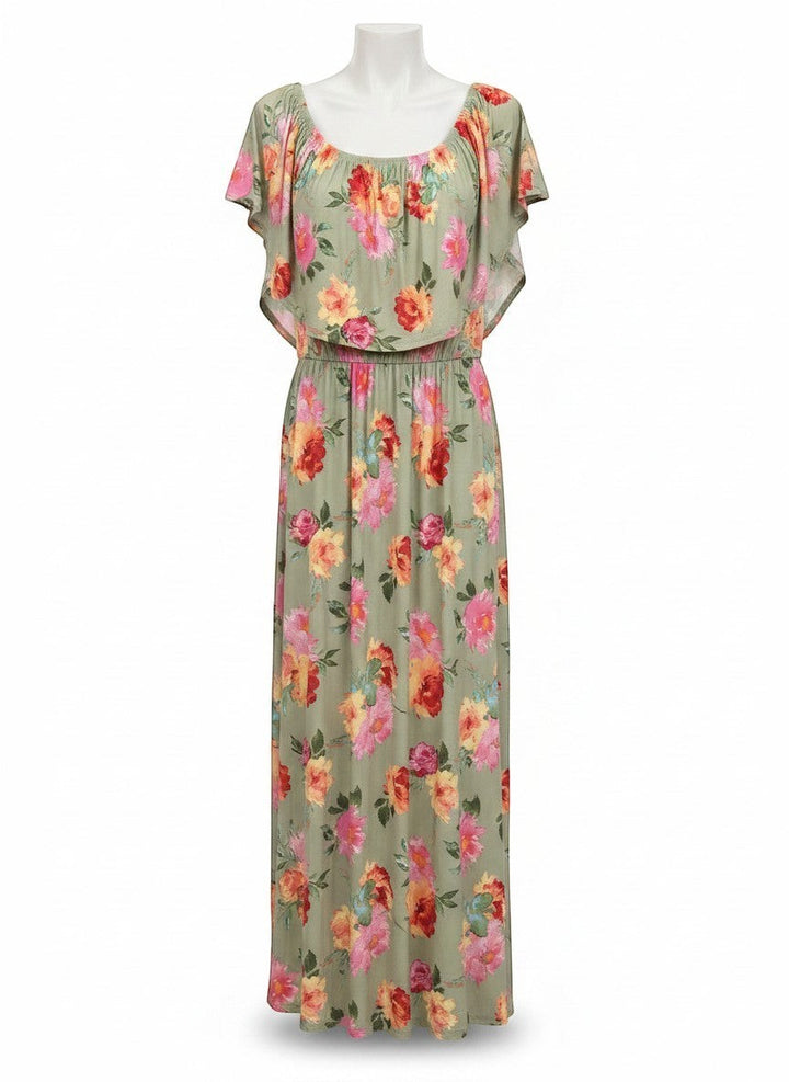 Chic Collective sage green floral off-the-shoulder maxi dress with flutter sleeves and elasticated empire waist.