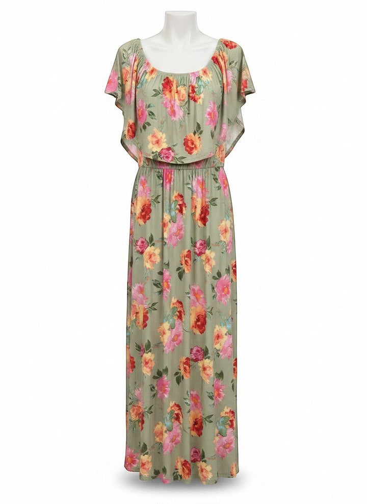 Chic Collective sage green floral off the shoulder maxi dress with elasticated empire waist and flutter sleeves.