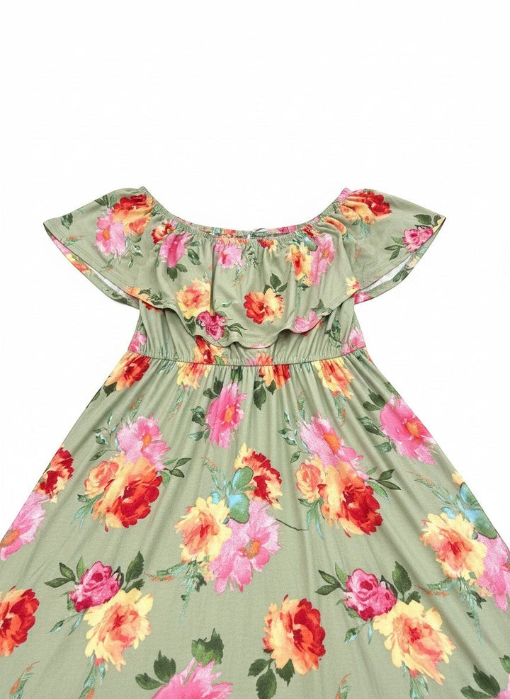 Chic Collective sage green floral off the shoulder maxi dress with ruffled neckline and empire waist.