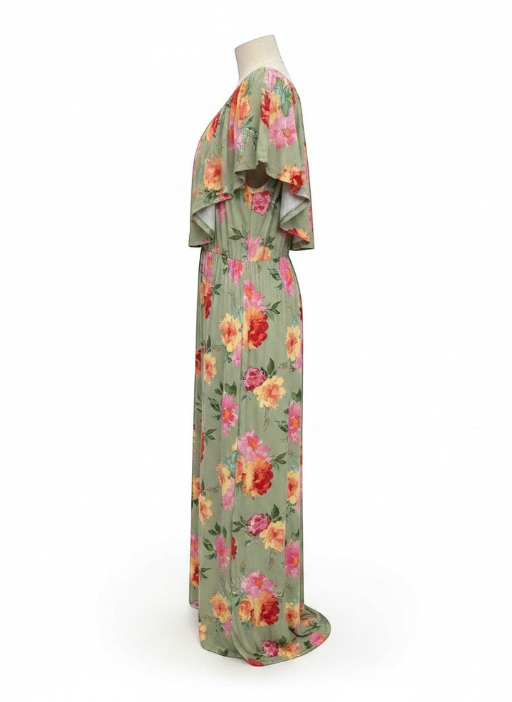 Chic Collective sage green floral off the shoulder maxi dress with elasticated empire waist and flutter sleeves.