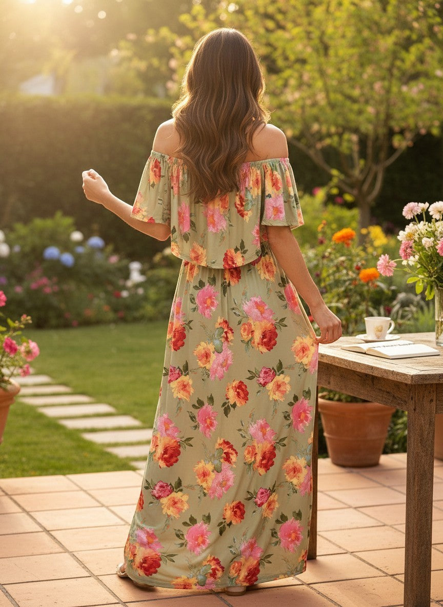 Chic Collective sage green floral off-the-shoulder maxi dress with elasticated empire waist and flutter sleeves.