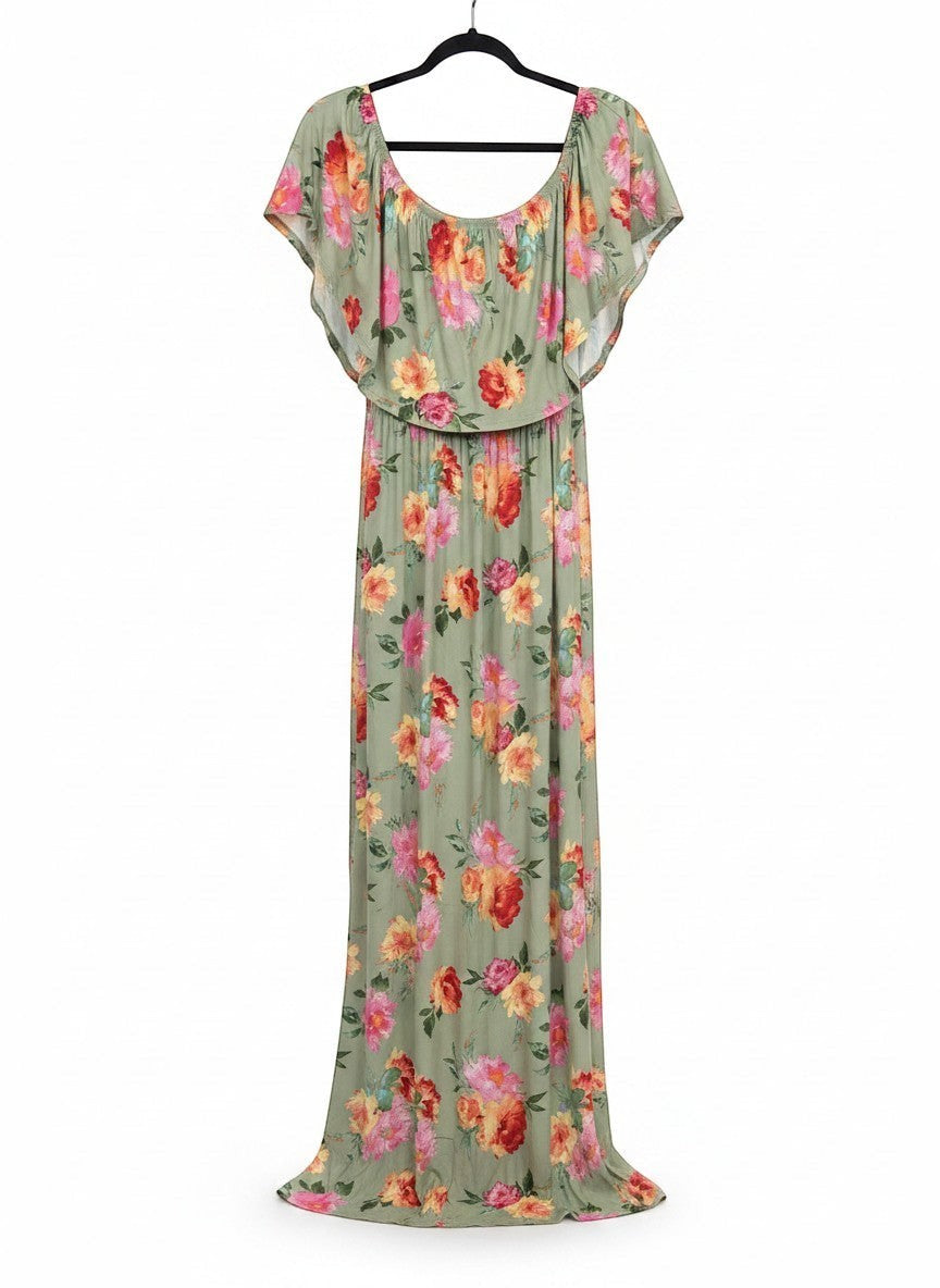 Chic Collective sage green floral off the shoulder maxi dress with elasticated empire waist and flutter sleeves.
