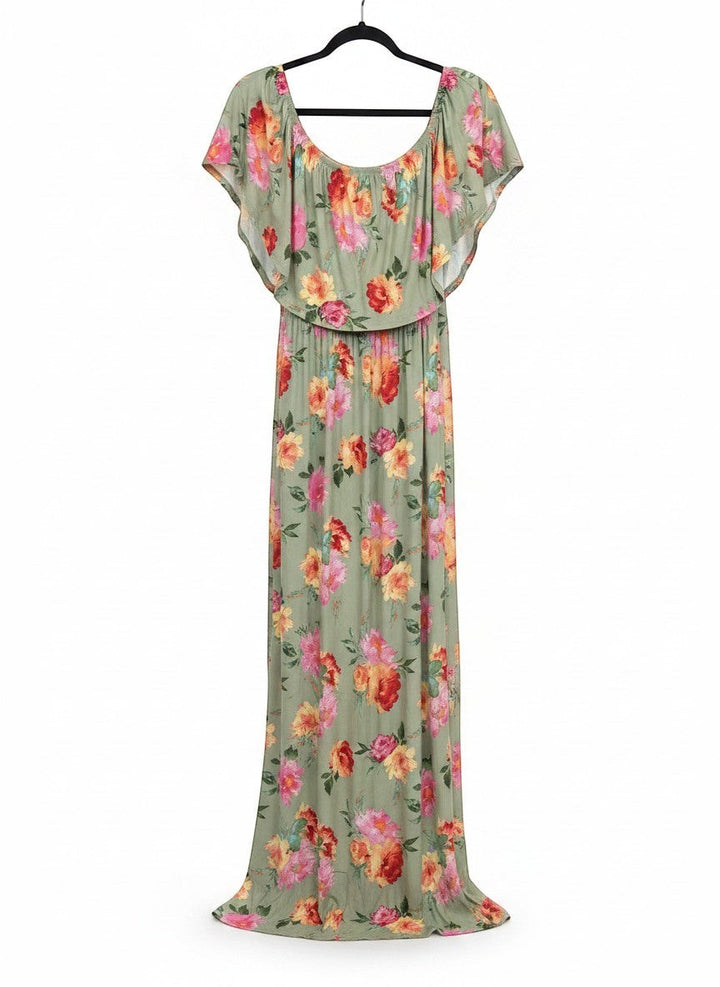 Chic Collective sage green floral off the shoulder maxi dress with elasticated empire waist and flutter sleeves.