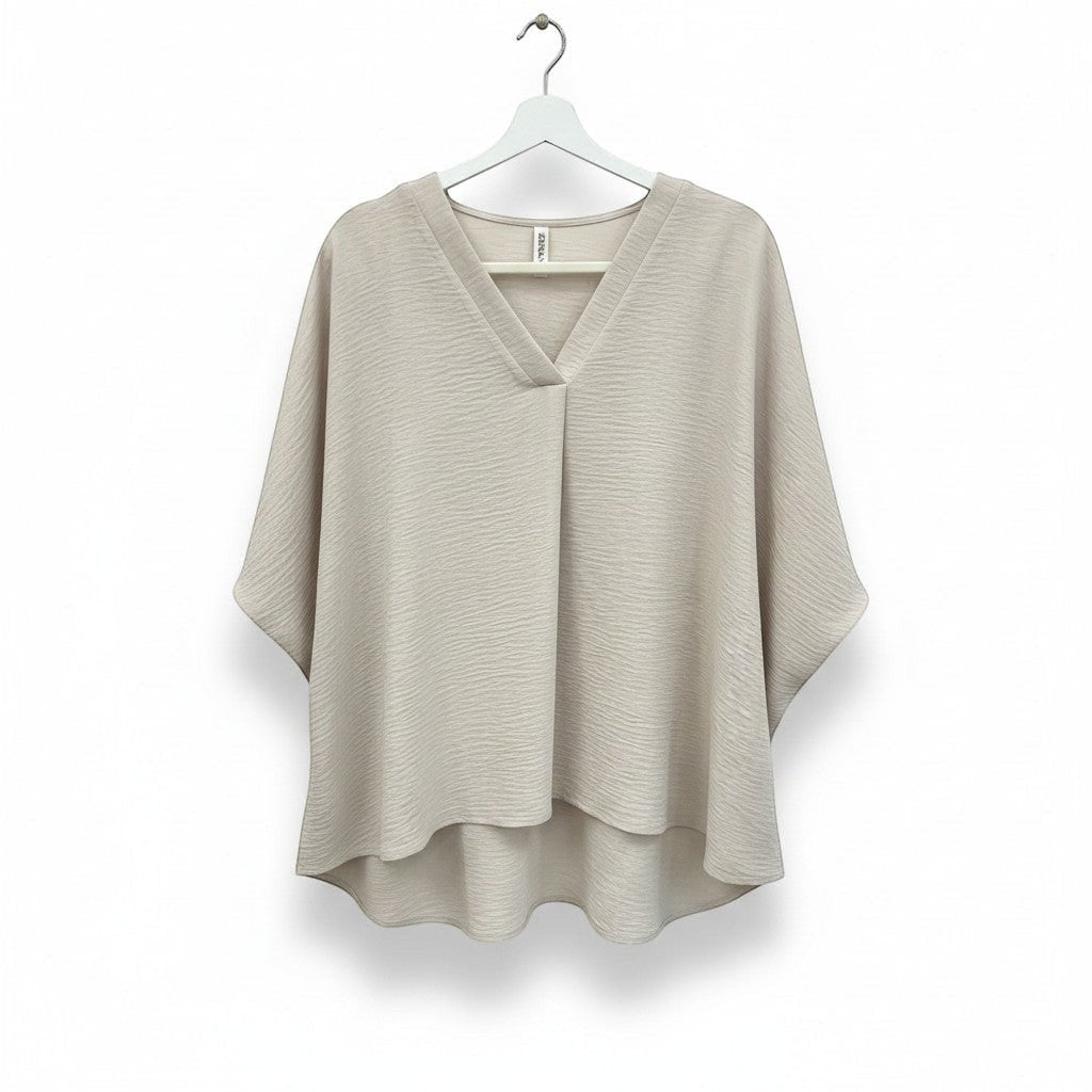 Chic Collective sand beige woven airflow v-neck top with puff half sleeves and a textured finish.