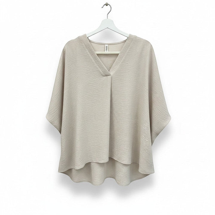 Chic Collective sand beige woven airflow v-neck top with puff half sleeves and a textured finish.