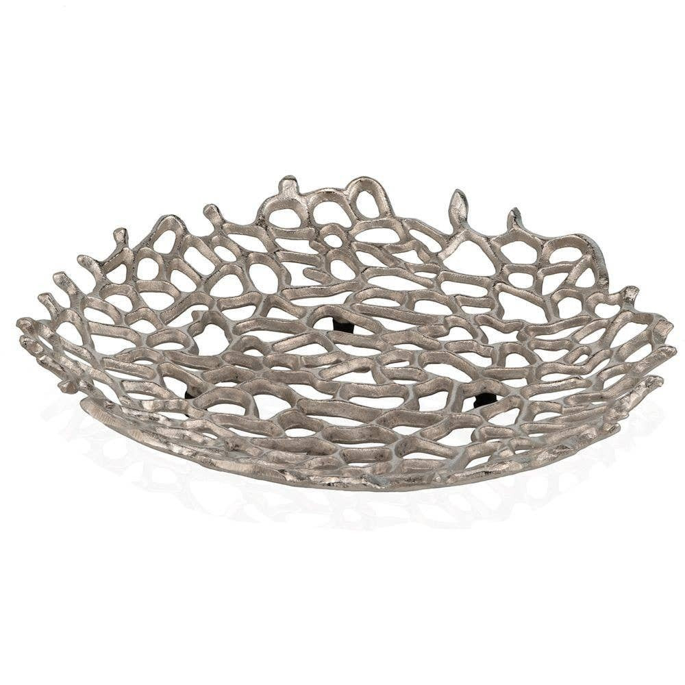 Chic Collective 15-inch silver aluminum coral decorative bowl with intricate, openwork design. Coastal centerpiece.