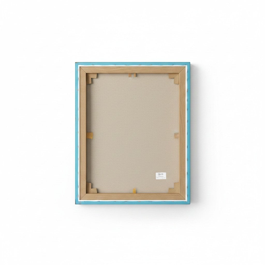Chic Collective Sunset Reverie custom artwork, framed canvas with light blue border and wooden stretcher bars.