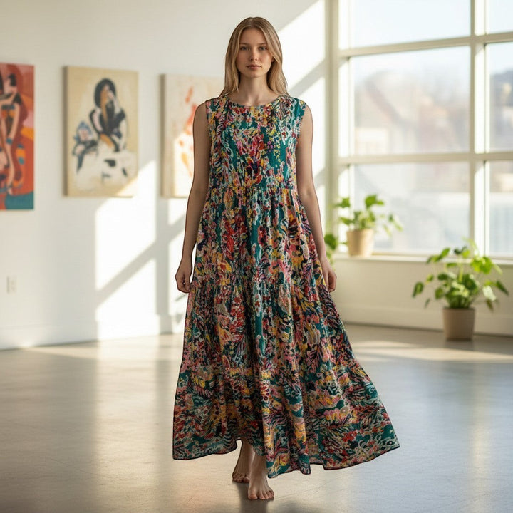 Chic Collective teal tiered sleeveless maxi dress with a vibrant floral print and flowing silhouette.