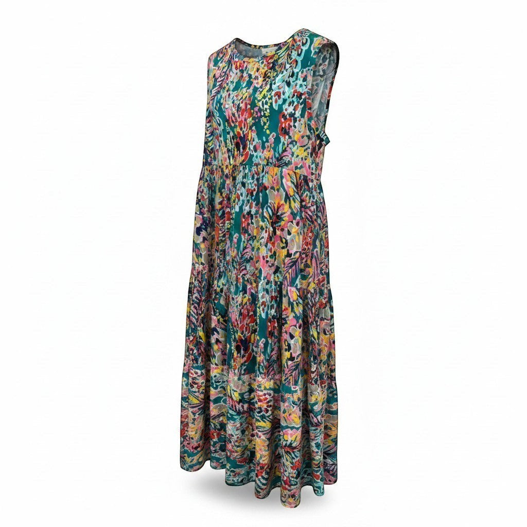 Chic Collective teal tiered sleeveless maxi dress with a vibrant abstract floral print and flowing silhouette.