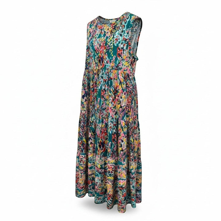 Chic Collective teal tiered sleeveless maxi dress with a vibrant abstract floral print and flowing silhouette.