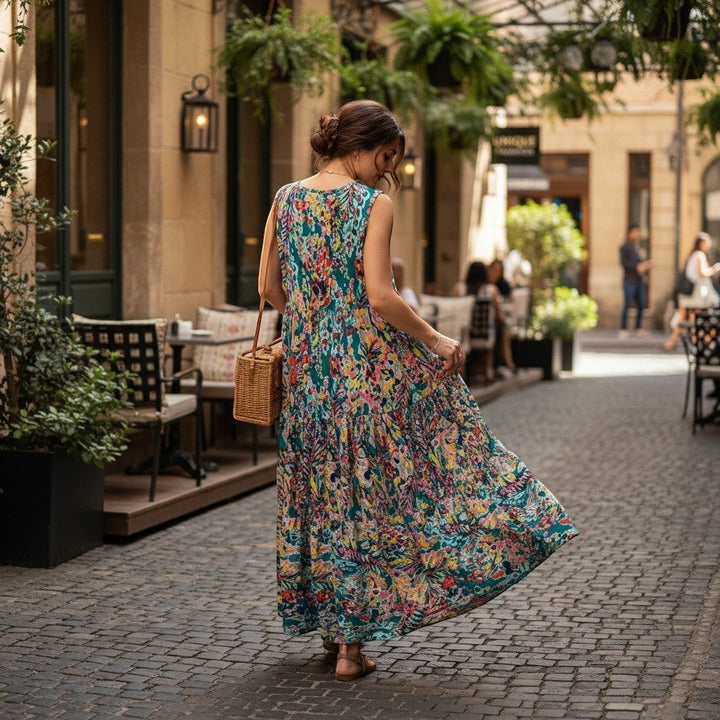 Chic Collective teal tiered sleeveless maxi dress with a vibrant floral print and flowing silhouette, worn by a woman outdoors.