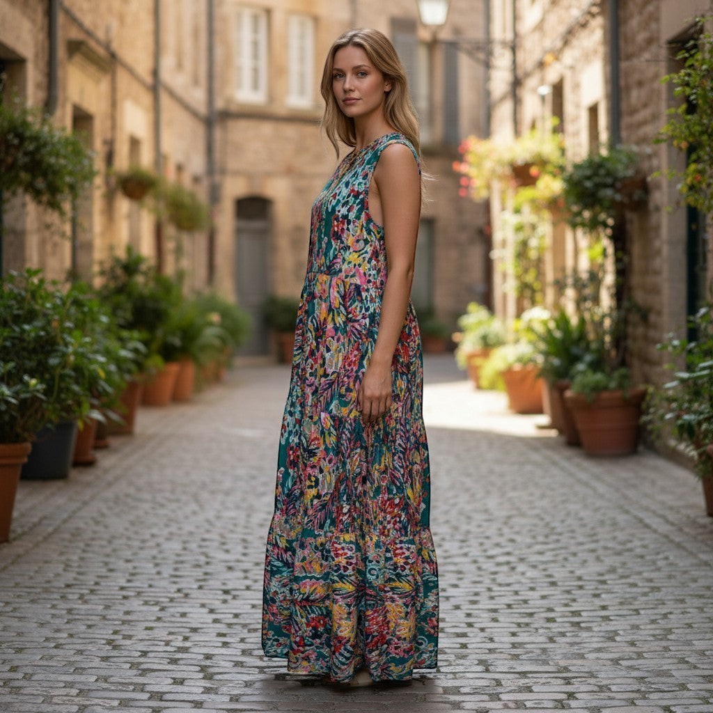 Chic Collective teal tiered sleeveless maxi dress with a vibrant floral print and flowing silhouette, worn by a model on a cobblestone street.