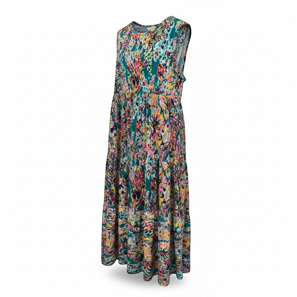 Chic Collective teal tiered sleeveless maxi dress with a vibrant abstract floral print and flowing silhouette.