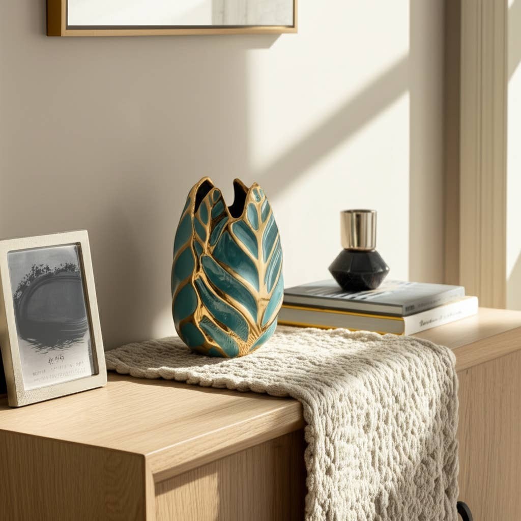 Chic Collective teal and gold leaf-shaped stoneware vase, 8 inches tall, glossy finish, coastal-inspired decor.