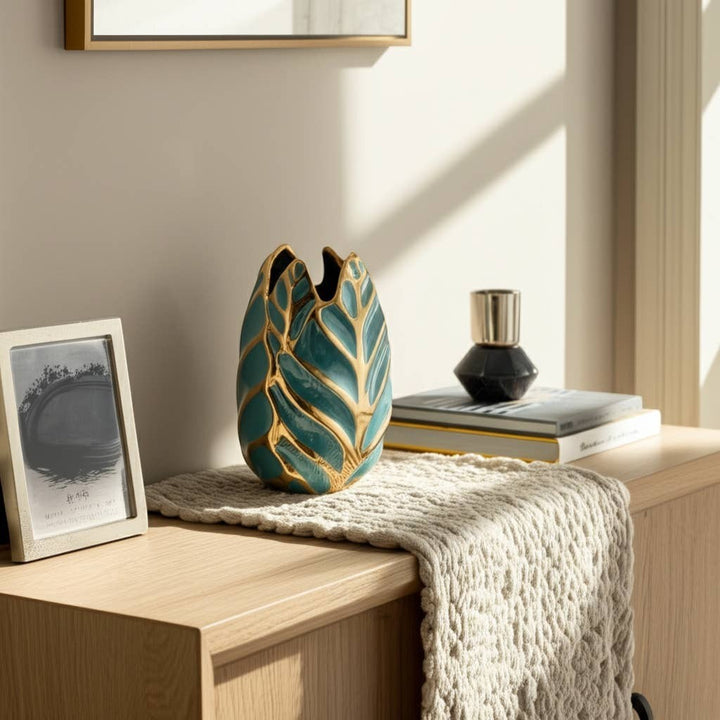 Chic Collective teal and gold leaf-shaped stoneware vase, 8 inches tall, glossy finish, coastal-inspired decor.