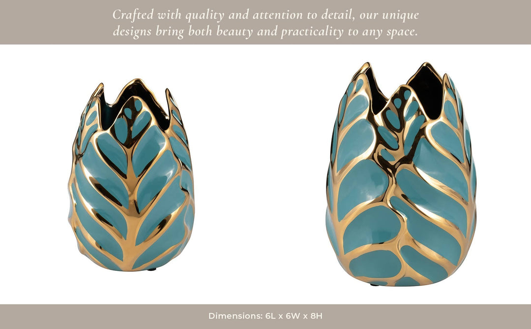 Chic Collective 8-inch teal and gold leaf stoneware decorative vase with a glossy finish.