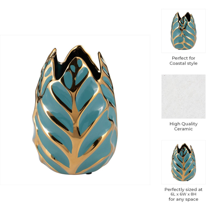 Chic Collective 8-inch teal and gold leaf-patterned ceramic vase with a glossy finish.