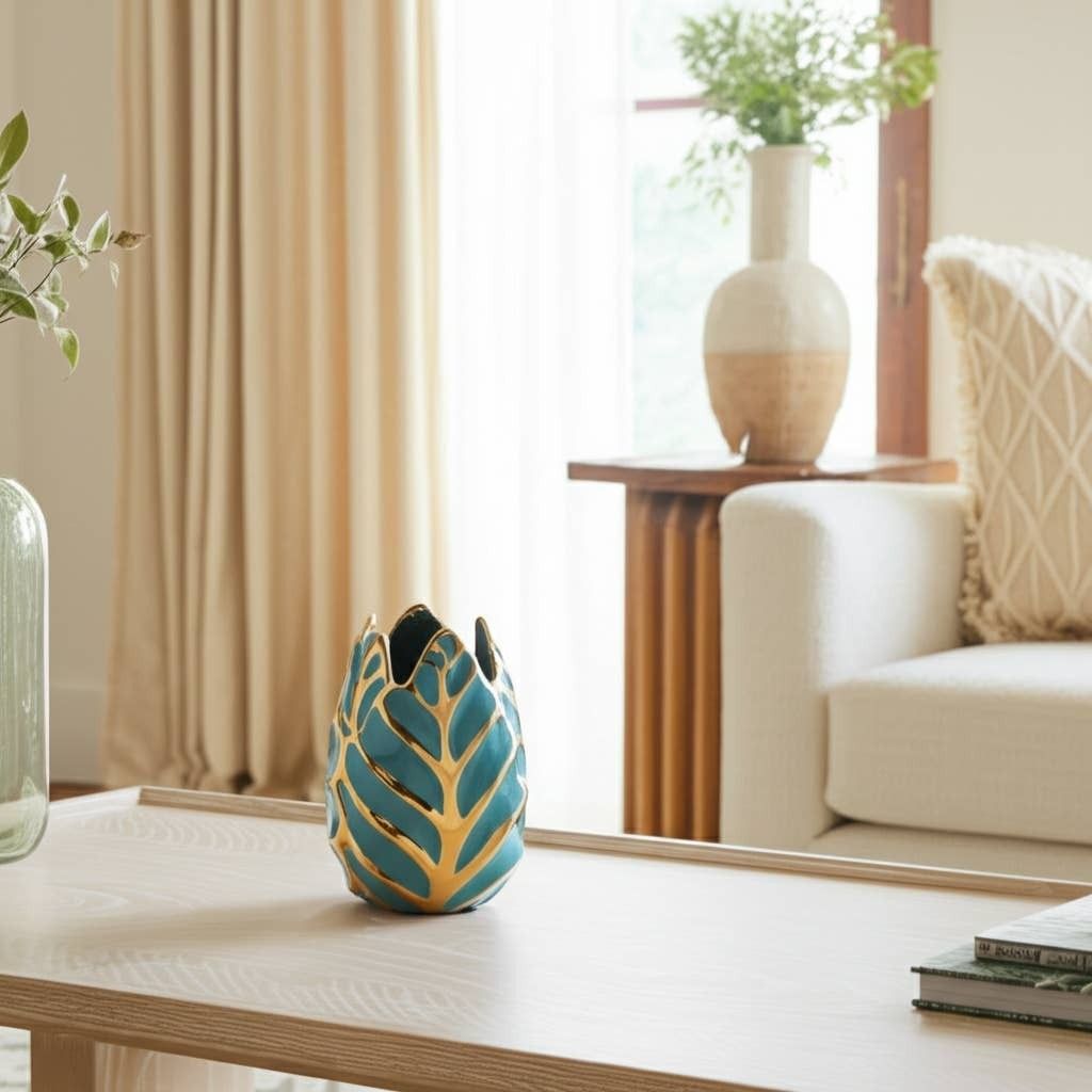 Chic Collective teal and gold leaf accent stoneware vase, 8 inches tall, glossy finish, decorative statement piece.