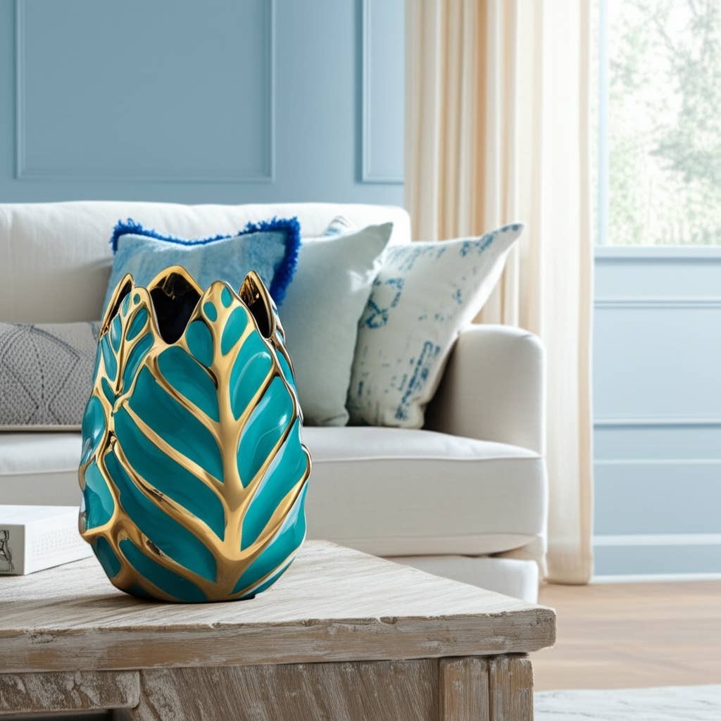 Chic Collective teal and gold leaf-shaped stoneware vase with glossy finish, 8 inches tall.