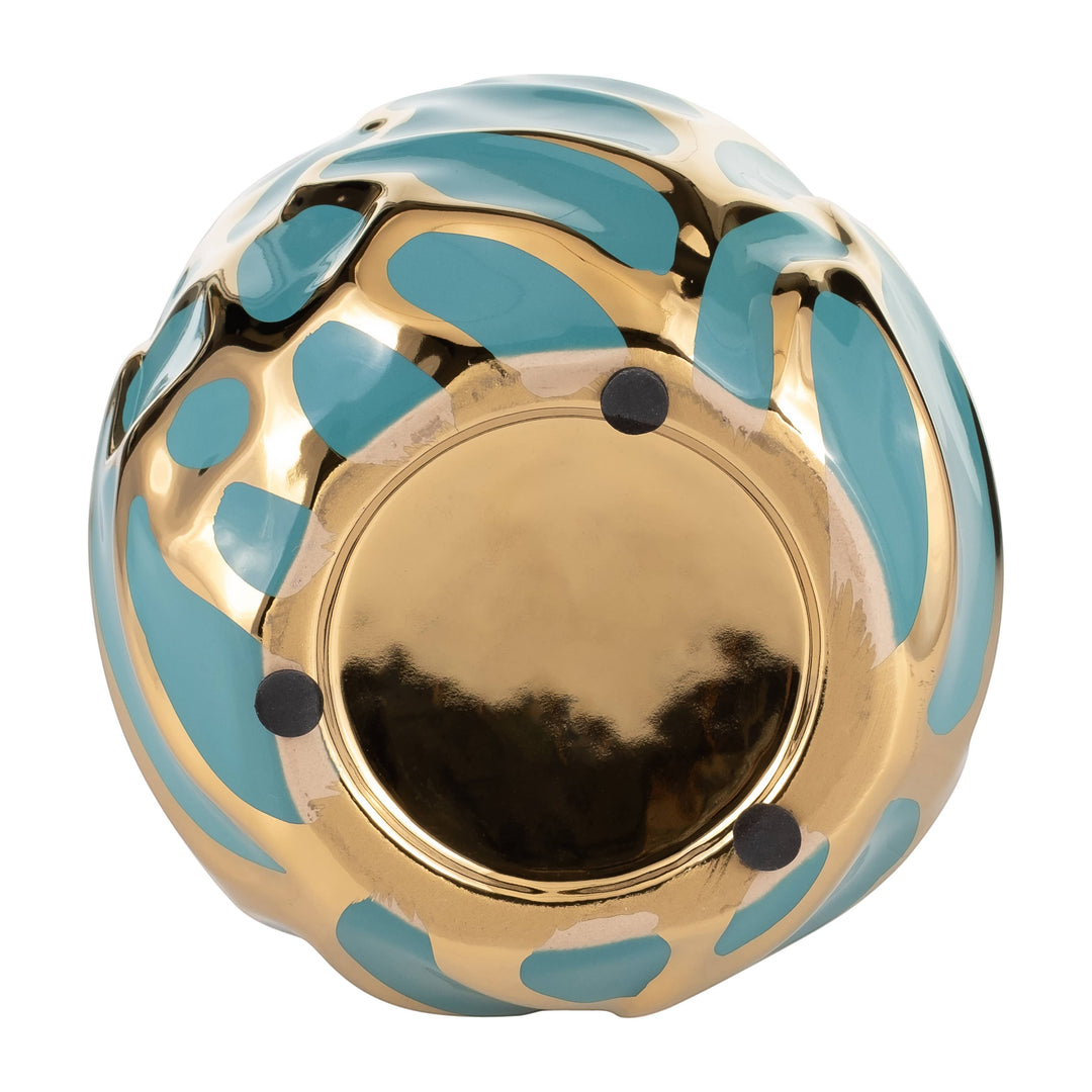 Chic Collective 8-inch round stoneware vase in teal and gold with leaf accents. Glossy finish.