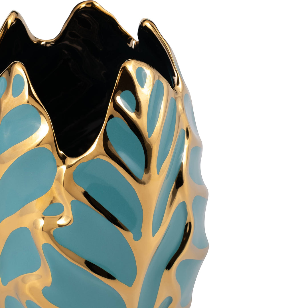 Chic Collective 8-inch teal and gold stoneware decorative vase with leaf cutouts and glossy finish.
