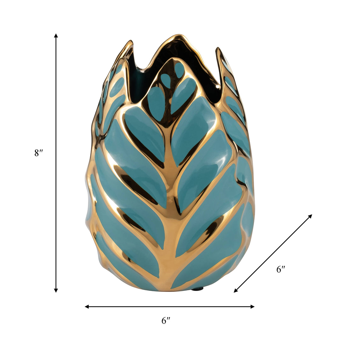 Chic Collective 8-inch teal and gold stoneware vase with leaf design. Glossy finish, coastal-inspired.