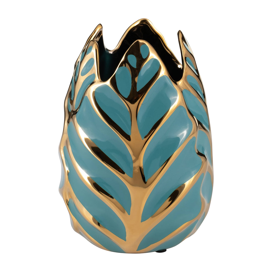 Chic Collective 8-inch teal and gold stoneware decorative vase with leaf pattern and glossy finish.
