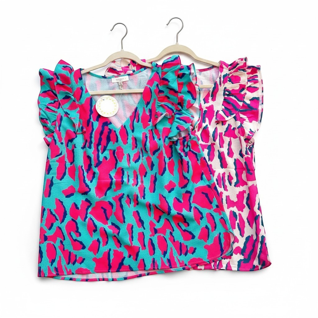 Chic Collective women's v-neck leopard print top with ruffled short sleeves in teal and pink.
