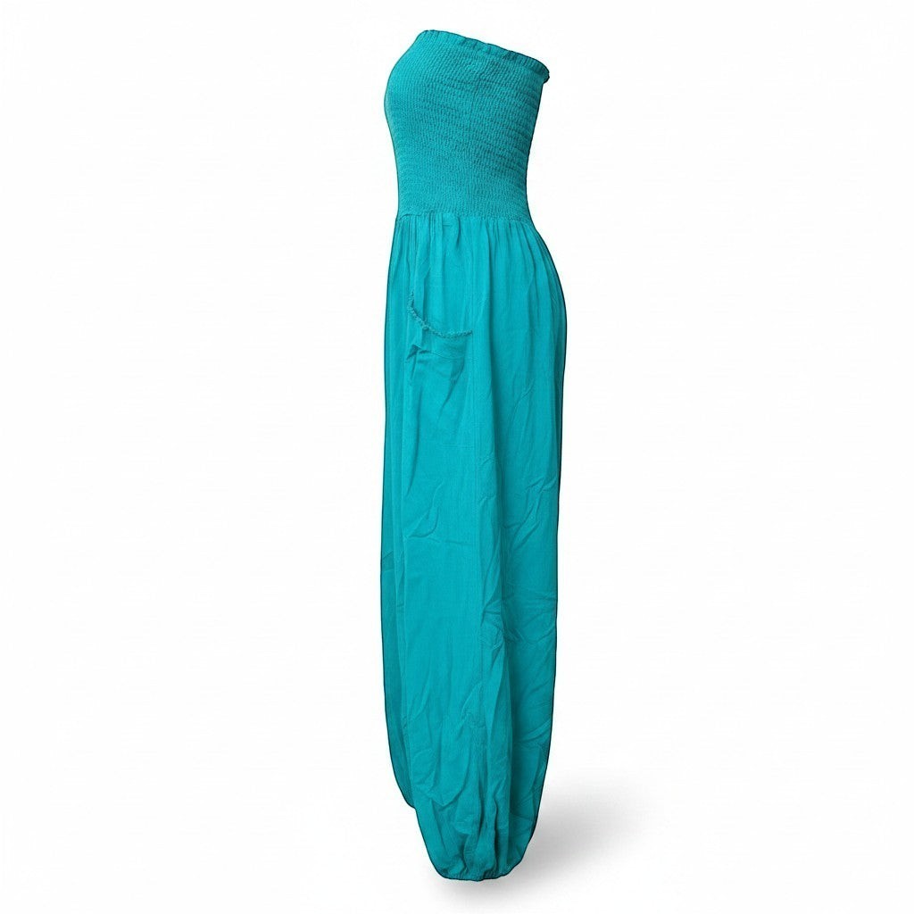 Chic Collective teal strapless jumpsuit with smocked bodice and two front pockets. Loose, flowing fit.