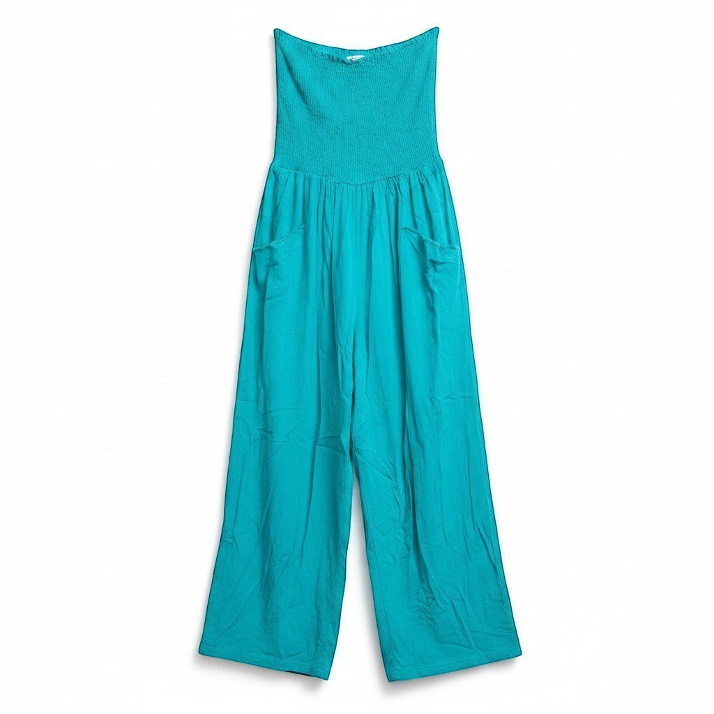 Chic Collective teal strapless wide-leg jumpsuit with smocked bodice and pockets. Comfortable and versatile for any occasion.