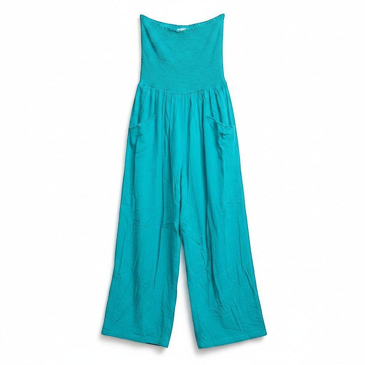 Chic Collective teal strapless wide-leg jumpsuit with smocked bodice and pockets. Comfortable and versatile for any occasion.