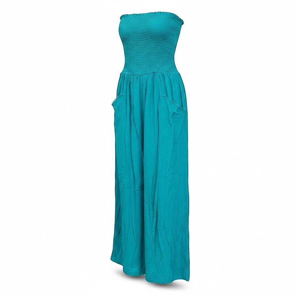 Chic Collective teal strapless wide-leg jumpsuit with smocked bodice and side pockets.