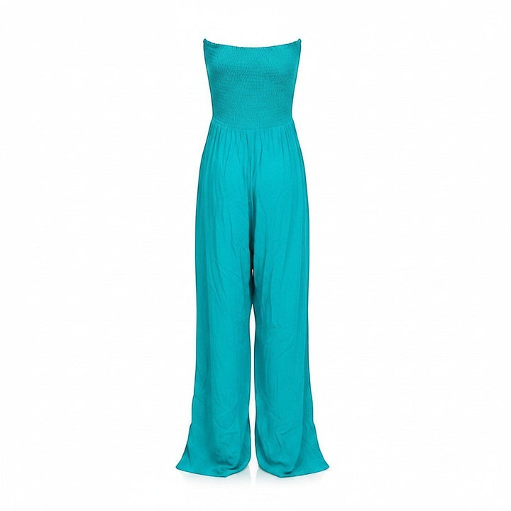 Chic Collective teal strapless wide-leg jumpsuit with smocked bodice and flowing palazzo pants.