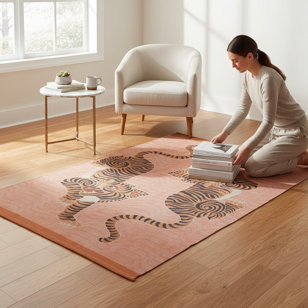 Chic Collective Tibetan Tiger rug in coral orange with tribal tiger design, 120x170cm, washable polyester flatweave.
