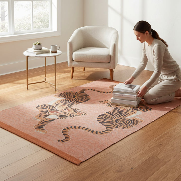 Chic Collective Tibetan Tiger rug in coral orange with tribal tiger design, 120x170cm, washable polyester flatweave.