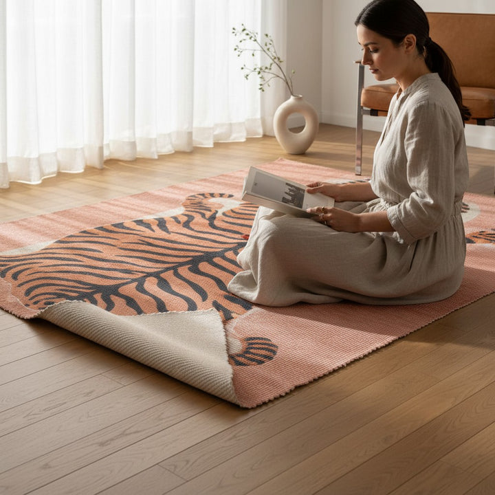 Chic Collective Tibetan Tiger rug in coral orange with black stripes, featuring a tribal tiger design. Polyester flatweave.