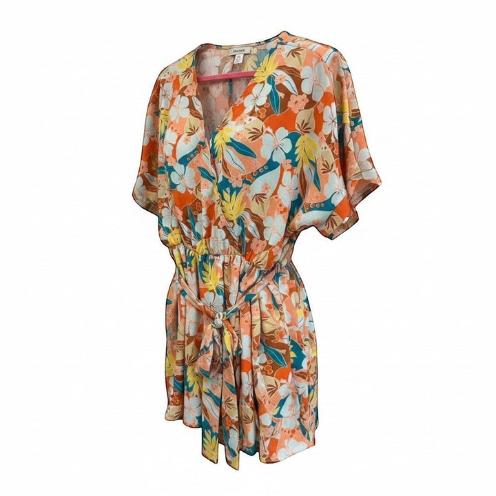 Chic Collective orange tropical print dolman sleeve romper with surplice neckline and tie waist.