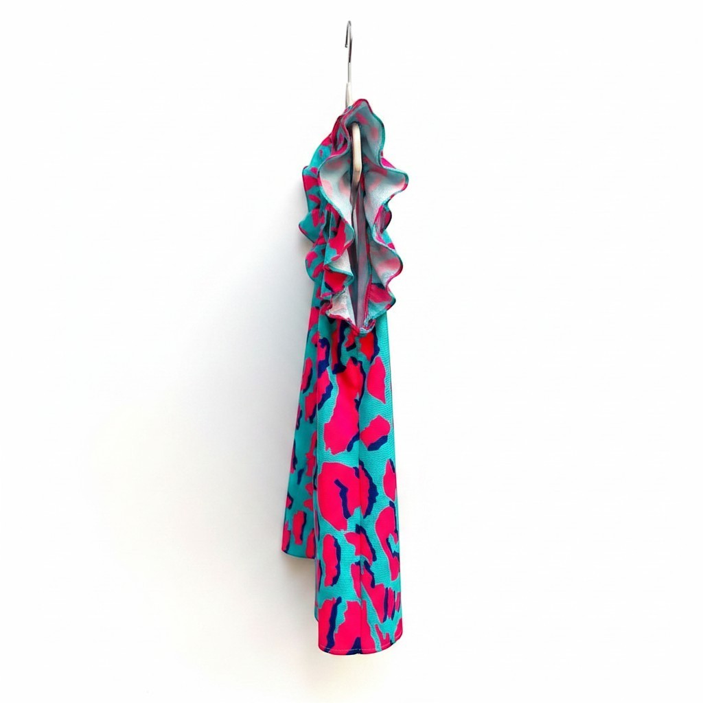 Chic Collective turquoise and hot pink leopard print ruffle top, size XL.