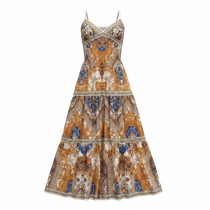 Chic Collective Vici long tiered maxi dress with ornate gold and blue baroque print, spaghetti straps, and V-neck.