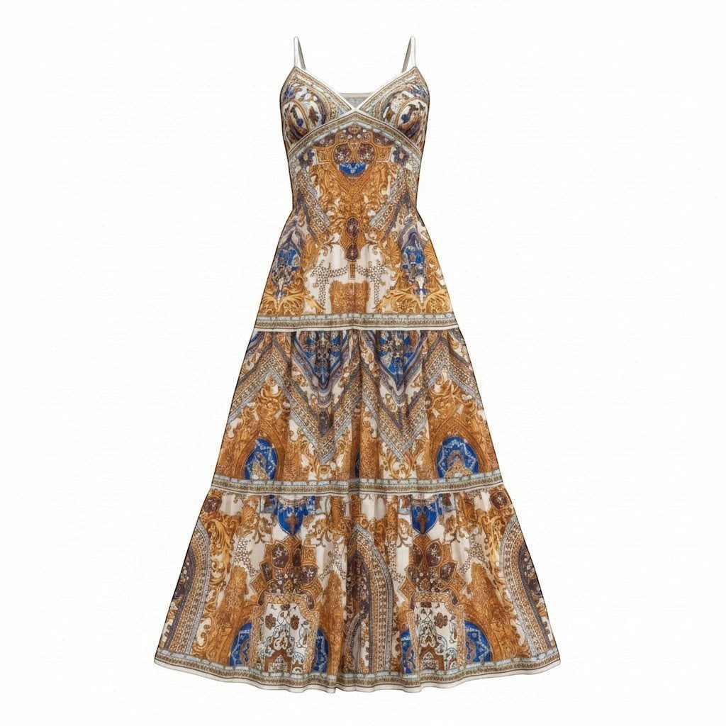 Chic Collective Vici long tiered dress with ornate gold and blue baroque print, spaghetti straps, and V-neck.