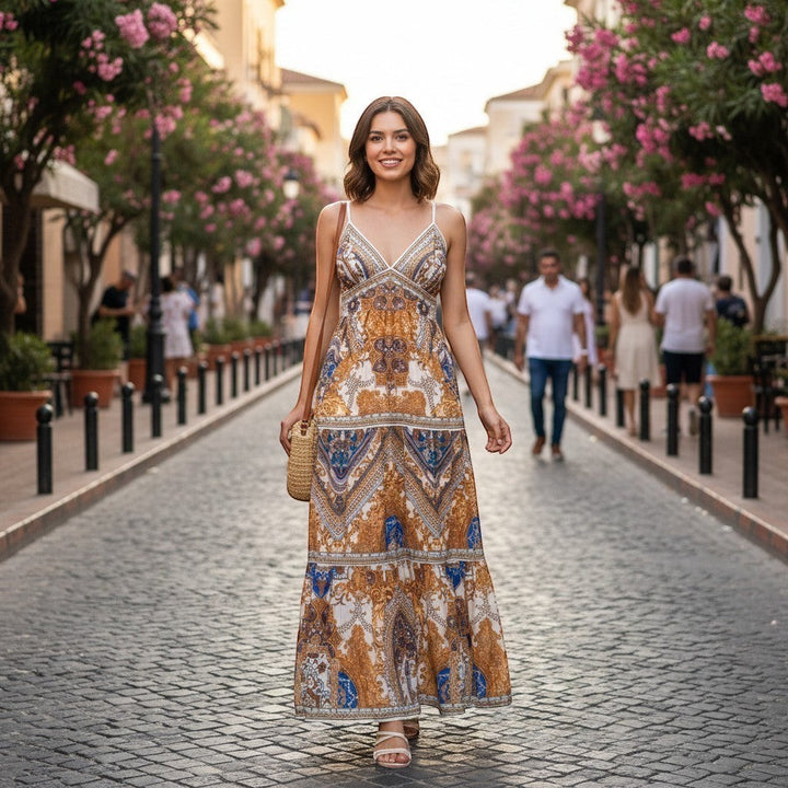 Chic Collective Vici long dress with ornate gold, blue, and white print, V-neck, and spaghetti straps. Model walks on cobblestone street.