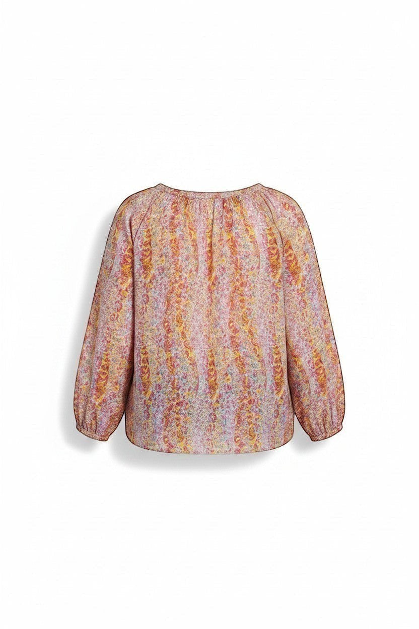 Chic Collective watercolor floral print blouse with keyhole front and tie detail. Pink, yellow, and blue abstract floral pattern.