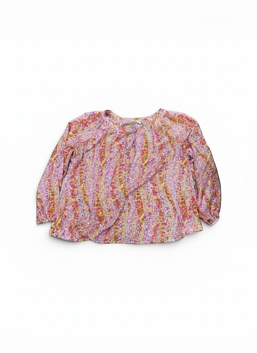 Chic Collective watercolor floral print blouse with keyhole front and tie detail. Pink, yellow, and purple floral pattern on lightweight fabric.