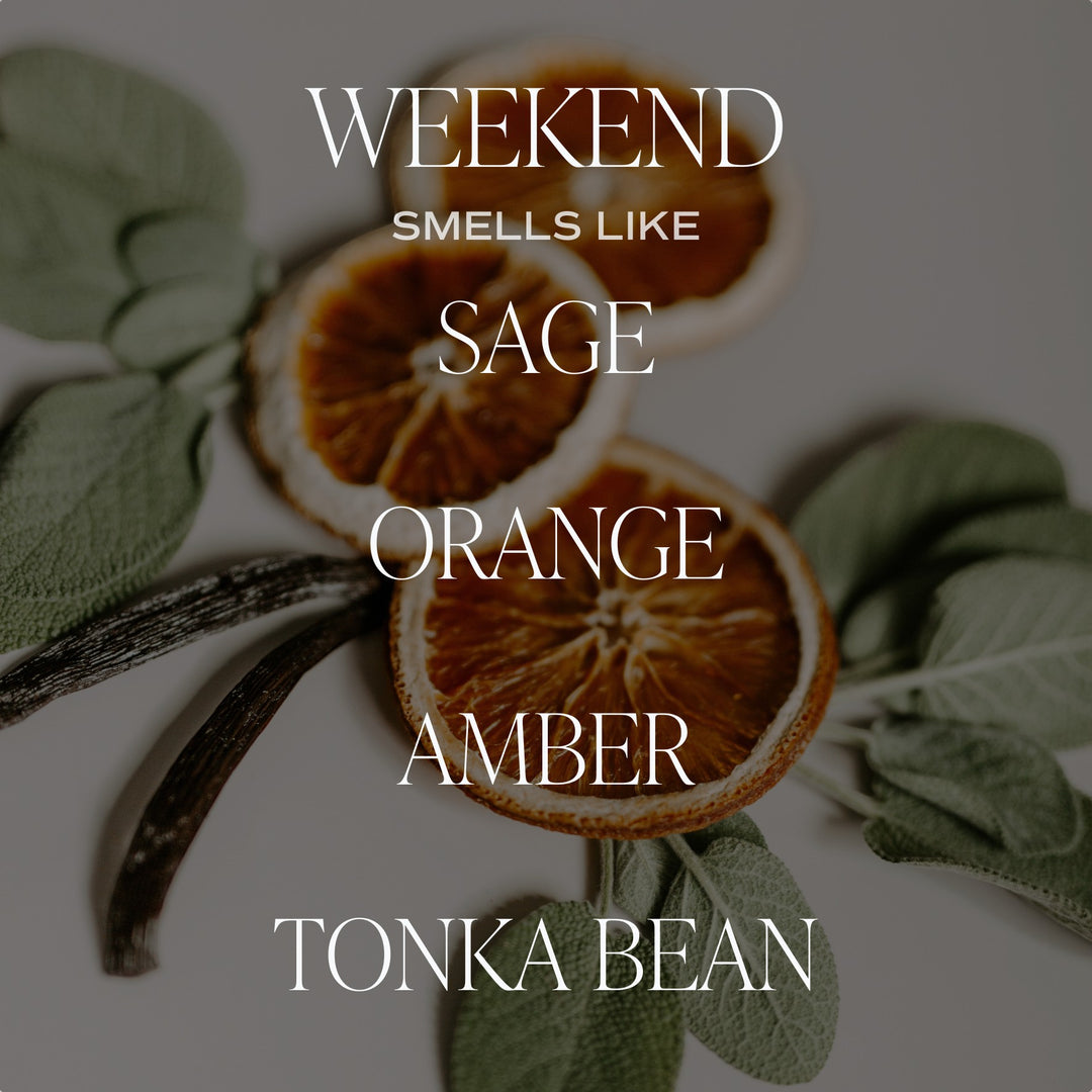 Chic Collective Weekend 11 oz soy candle with scent notes of citrus, grapefruit, sage, lavender, amber, tonka bean, and oakmoss.