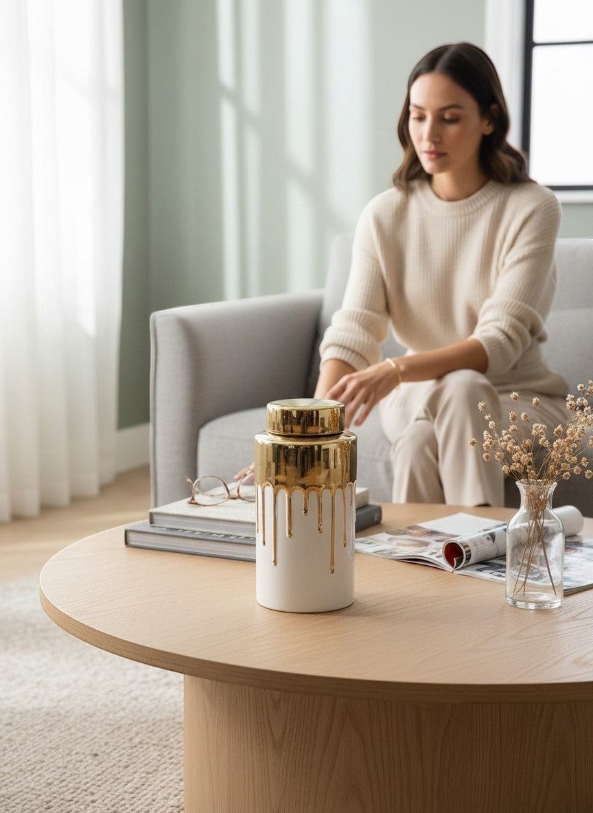 Chic Collective tall white ceramic jar with gold lid and dripping gold glaze accent, 5.5"D x 12"H.